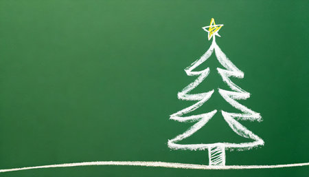 single line white crayon doodle of small christmas tree on greenの素材
