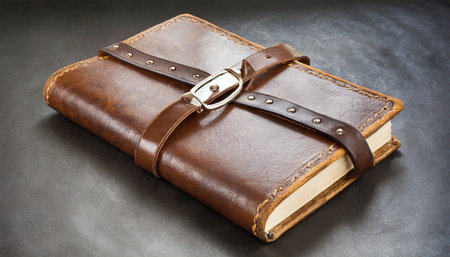 aged leather book cover design with closure belts captured isolatedの素材