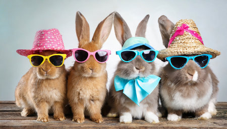 cute and festive bunnies in hats and sunglasses celebrating summer on white backgroundの素材