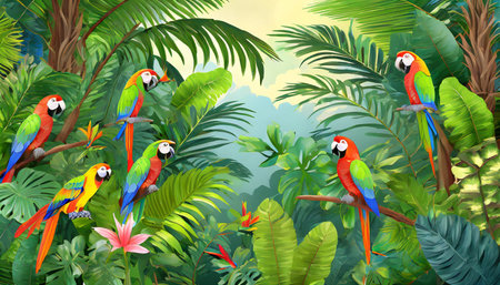 illustration of a tropical rainforest with parrots generative aiの素材