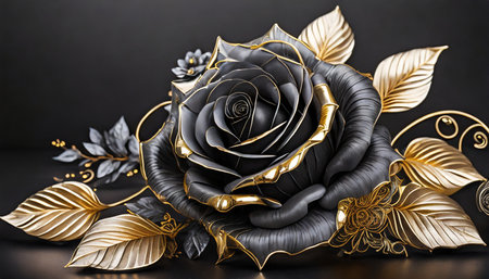 a black rose with intricate gold silver detailing a luxurious elegant display of beautyの素材