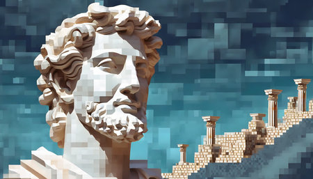 greek head artwork statue with pixel face template style background conceptの素材