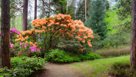 flowering season of rhododendrons in a botanical garden in spring deciduous bush of japanese rhododendron with salmon flowers in the coniferous forest beautiful orange azalea in bloom among pinesの素材