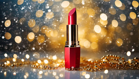 glamorous red lipstick tube on sparkling holiday background generative aiの素材