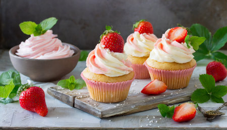 vanilla cupcakes with strawberry frosting cottage cheese creamの素材