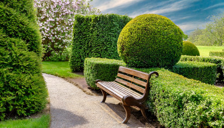 wooden bench in the english garden close up topiary haircut of boxwood in the form of a sphere a beautiful bench in a classic style stands near the path in the garden in the spring on a sunny dayの素材