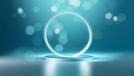minimalistic abstract blurry light blue background for product presentation with a circular neon glowの素材