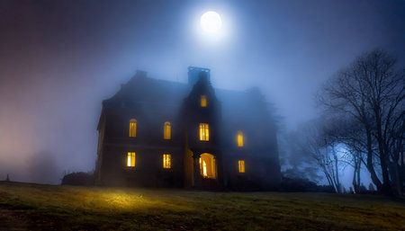 moonlit haunting the eerie charm of the mansion in the mist ai generated artの素材