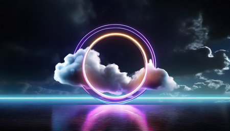 3d render abstract cloud illuminated with neon light ring on dark night sky glowing geometric shape round frameの素材