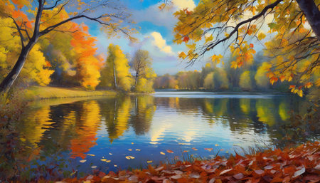 fail foilage autumn landscape with lake and trees ai generated artの素材