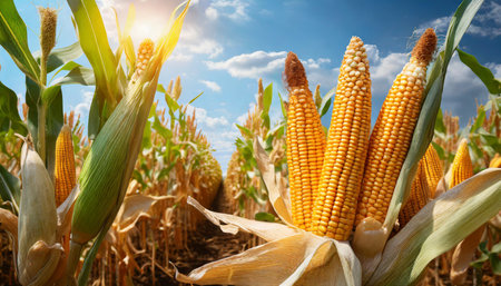 corn cobs in corn plantation fieldの素材