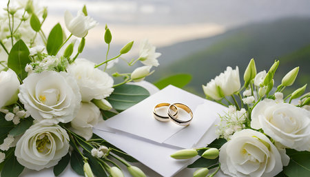 wedding card in white colors with flowers and wedding rings generative aiの素材