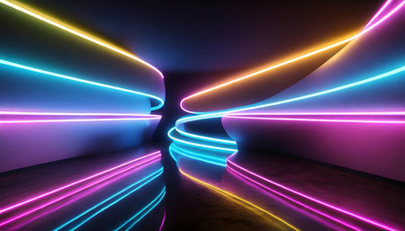 3d render abstract neon background fluorescent ines glowing in the dark room with floor reflection virtual dynamic ribbon fantastic panoramic wallpaper energy conceptの素材