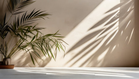 minimalistic abstract gentle light beige background for product presentation with light andand intricate shadow from the window and vegetation on wallの素材