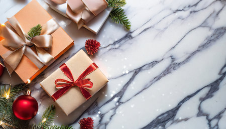 christmas gifts on white marble background with copy space festive xmas greeting card with flat lay style holiday season conceptの素材