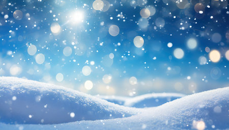winter snow background with snowdrifts with beautiful light and snow flakes on the blue sky beautiful bokeh circles banner format copy spaceの素材