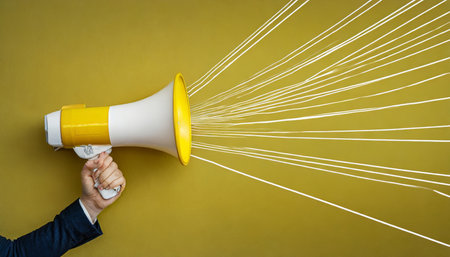 yellow megaphone or bullhorn with lines over yellow background business announcement or communication conceptの素材
