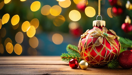 christmas ornament on wooden table with blurred lights background with copy spaceの素材