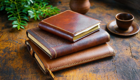 three aged brown leather journals lay down to old brown tableの素材