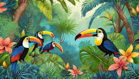 illustration of a tropical rainforest with toucans generative aiの素材