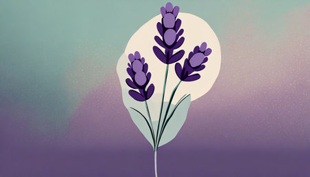 simple minimalistic lavender flower illustration on a plain colorful backgroundの素材