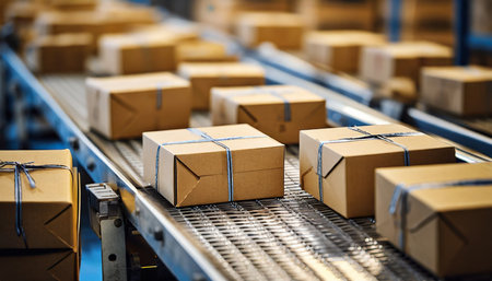 close up of multiple cardboard box packages on conveyor beltの素材