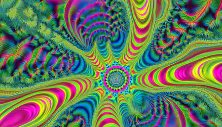 psychedelic pulse in green blue yellow and pink an abstract fractal image with an optically challenging colorfully patterned design in blue yellow green and pinkの素材