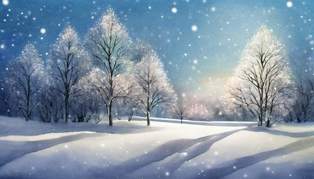 illustration of a snow covered romantic winter landscape sceen with low light and treesの素材