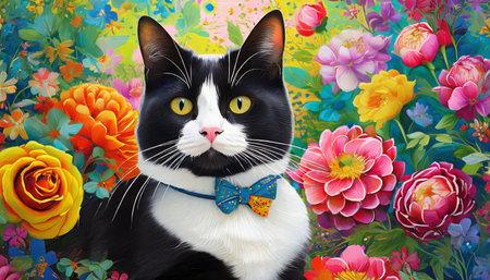 tuxedo cat floral background with lot of colors art illustration generative aiの素材