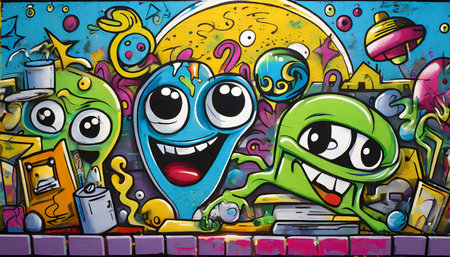 graffiti on wall cartoon design funny face and alien things generative aiの素材