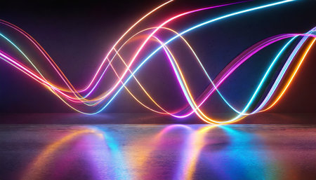 3d render abstract neon background of dynamic lines glowing in the dark room with floor reflection fluorescent ribbonの素材