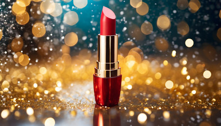 glamorous red lipstick tube on sparkling holiday background generative aiの素材