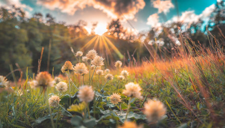 abstract sunset field landscape of yellow flowers and grass meadow on warm golden hour sunset or sunrise time tranquil spring summer nature closeup and blurred forest background idyllic natureの素材