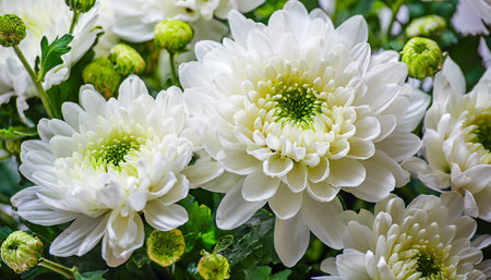 close up photo of white chrysanthemum bouquet abstract floral backgroundの素材