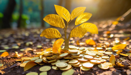 golden gold coin tree has coins as leaves that fall on ground idea for limitless income wealth and prosperity rich and successful business growth generative aiの素材