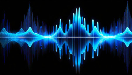 bright sound waves on a black background emitting blue lightの素材