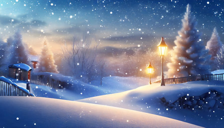 illustration of a winter landscape covered in snow with glowing lightの素材
