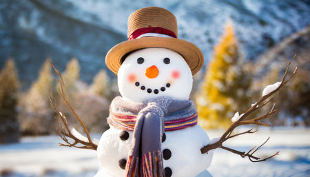 happy snowman with hat and scarf in winterの素材