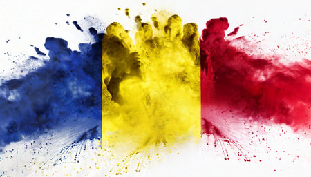 colorful romanian flag black blue yello red color holi paint powder explosion isolated white background romania europe celebration soccer travel tourism conceptの素材