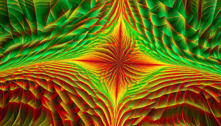 crinkle cut pulse in green orange red and yellow a digital abstract fractal image with an optically challenging psychedelic design in yellow red orange and greenの素材