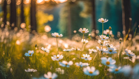 abstract soft focus sunset field landscape of white flowers and grass meadow warm golden hour sunset sunrise time tranquil spring summer nature closeup and blurred forest background idyllic natureの素材