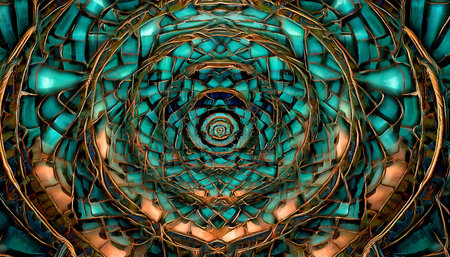into the labyrinth a digital abstract work with a dark spiral design in blue green and copperの素材