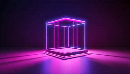 3d render abstract ultraviolet background pink violet neon cube perspective view simple square geometric shape cubic cage stand inside the dark empty generative aiの素材