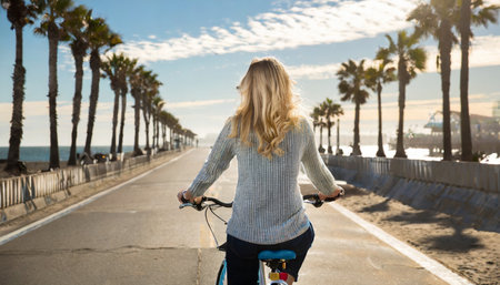 back view of woman on bicycle embracing the road at venice beach generative aiの素材