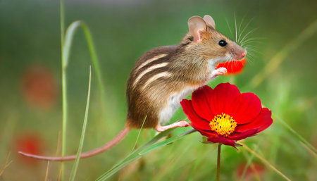 photo illustration of a field mouse standing on his hind legs smelling a red flower generative aiの素材