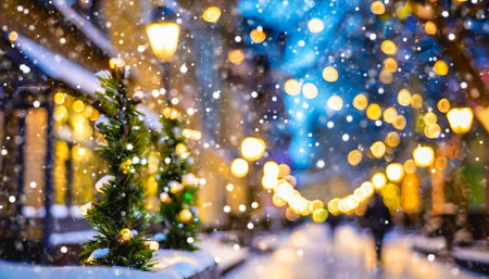 beautiful blurred street of festive night or evening city with snowfall and christmas lights abstract christmas defocused backgroundの素材