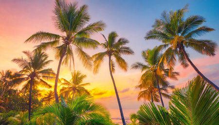 serene tranquil tropical trees background concept coconut palms peaceful sunset sky exotic picturesque nature colorful leaves natural landscape summer tropical island holiday or vacation patternの素材