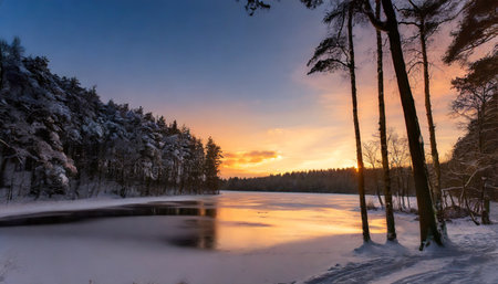 winter solstice sunset in the forest with lake and trees generative aiの素材