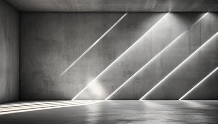 abstract empty modern concrete room with cross shaped light stripes in the right wall and rough floor industrial interior background templateの素材