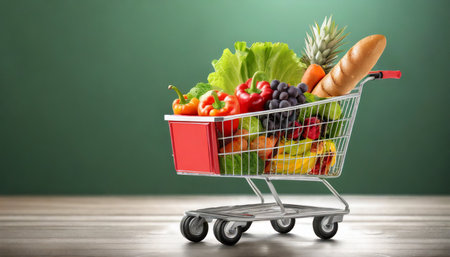 shopping cart with food delivery service background concept shopping basket with vegetables fruits and food with wheels deliver orderの素材
